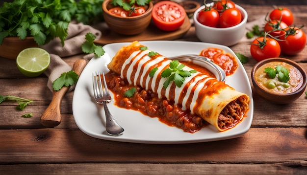 Enchilada avec du bœuf avec de la sauce tomate sur table en bois cuisine mexicaine
