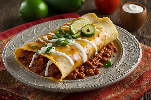 Photo enchiladas cuites sur une assiette noire sur un fond sombre