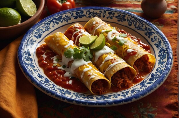 Enchiladas disposées sur une serviette en céramique décorative