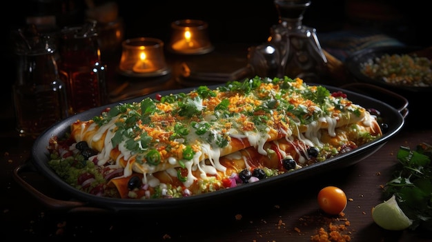 enchiladas farcies de légumes et de viande avec mayonnaise fondue et sauce épicée sur une assiette en bois