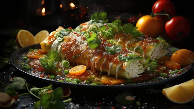 Photo enchiladas farcis de légumes et de viande avec de la mayonnaise fondue et de la sauce épicée sur une assiette en bois