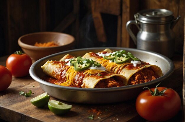 Enchiladas préparées dans une cuisine rustique