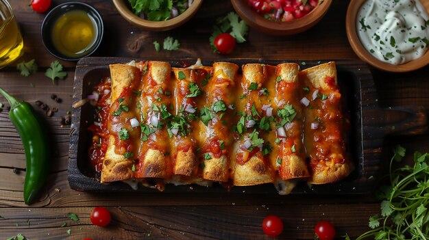 Photo enchiladas savoureuses étouffées dans de la sauce rouge, du fromage, des oignons et de la coriandre, cuisine mexicaine générée par l'ia.