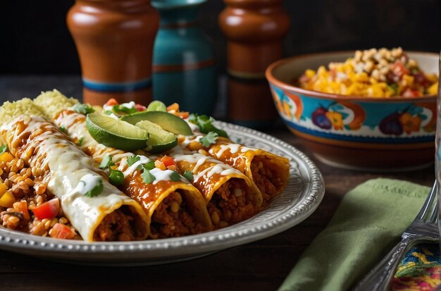 Enchiladas servies avec un côté de fa de style mexicain