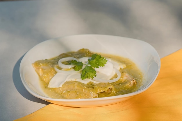 Enchiladas vertes mexicaines au poulet, au fromage, à la coriandre et à l'oignon