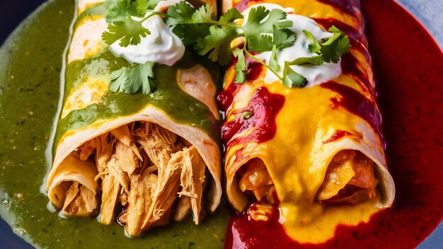 Photo enchiladas vertes et rouges avec des sauces mexicaines