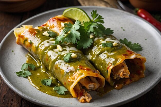 Enchilades de poulet à la salsa verte sur assiette