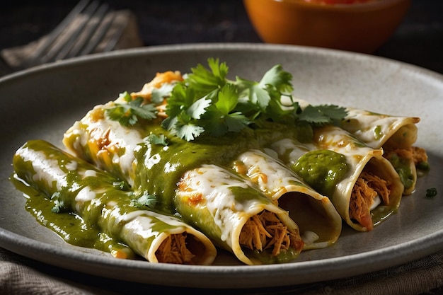 Enchilades de poulet à la salsa verte sur assiette