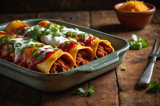 Des enchilades servies sur une table en bois rustique