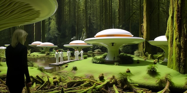 Enclave de champignons futuriste Une vue aérienne cinématographique avec des filtres froids et un effet d'éclairage spectaculaire