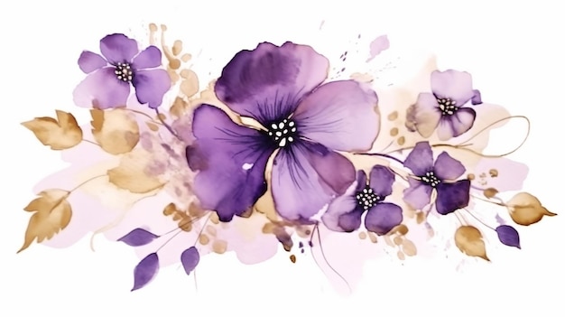 Encre d'alcool doré mariage floral violet sur blanc isolé AI générative