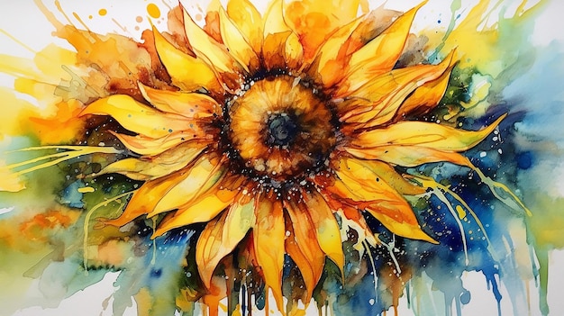 Encre à l'alcool dorée fleur de soleil aquarelle AI générative