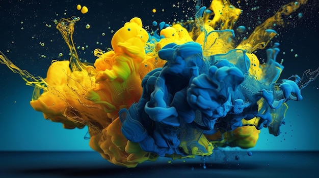 Encre dans l'eau Une éclaboussure de peinture bleue et jaune Couleur de fond abstraite AI générative