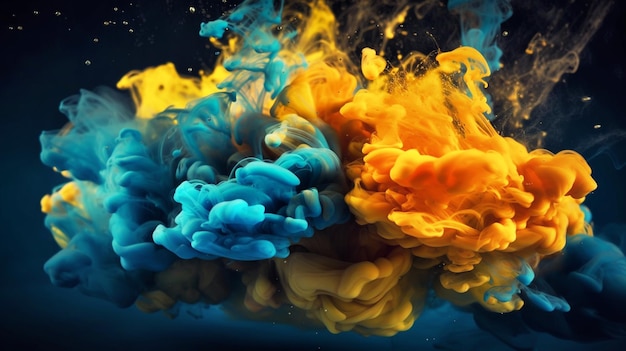 Encre dans l'eau Une éclaboussure de peinture bleue et jaune Couleur de fond abstraite AI générative