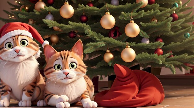 L'endroit confortable du chat de Noël près de l'arbre