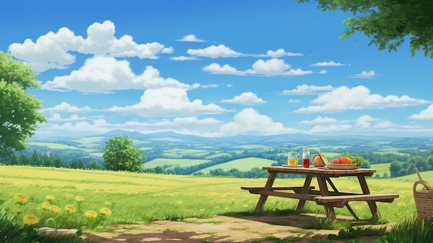 Photo un endroit de pique-nique tranquille à la campagne dans le style d'illustration d'anime de dessin animé