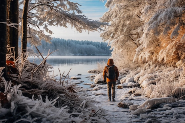 Endurant une solitude glaciale, un pêcheur garde avec vigilance sa ligne dans les eaux glacées