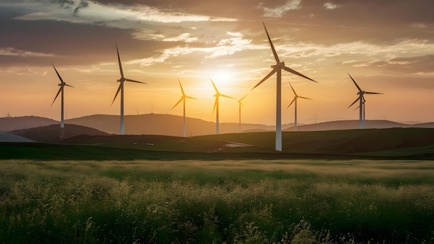 L'énergie éolienne du futur durable39s Le concept de l'éclat au crépuscule L'énergie renouvelable Les turbines éoliennes La photographie du crépuscue La vie durable L'impact sur l'environnement