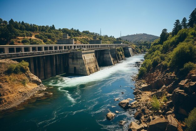 Photo Énergie propre par une centrale hydroélectrique au barrage à partir d'eau en aval ia générative