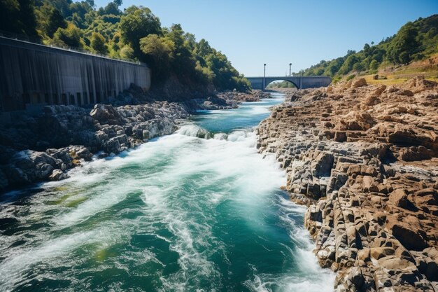 Photo Énergie propre par une centrale hydroélectrique au barrage à partir d'eau en aval ia générative