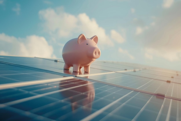 L'énergie solaire économise de l'argent dans une caisse à monnaie sur un panneau solaire