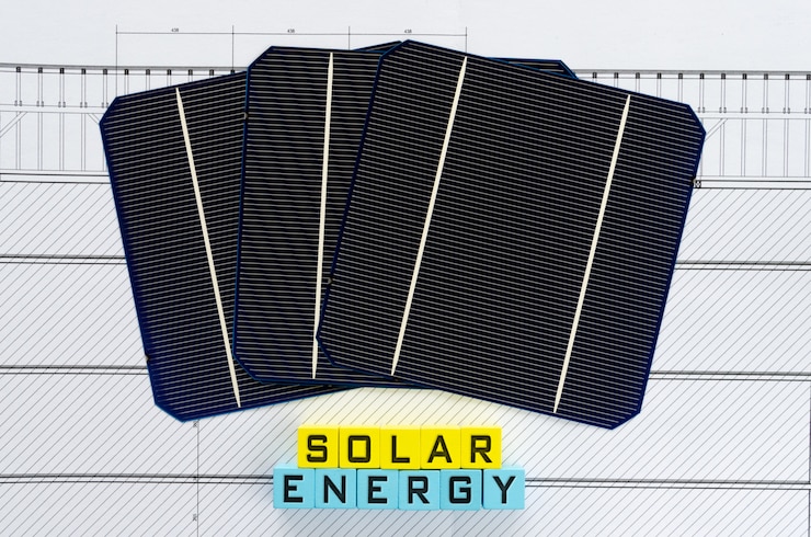 Photo énergie solaire mots écrit sur des blocs de bois jaune et bleu clair dans une image conceptuelle de la promotion de l'énergie durable