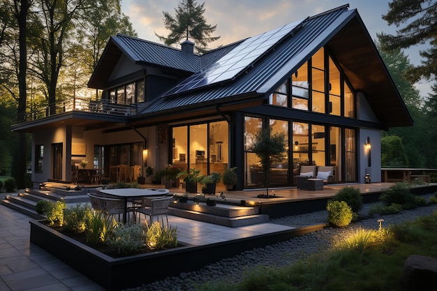 L'énergie solaire provenant de panneaux noirs sur un toit à pignon moderne