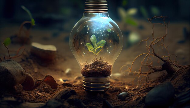 L'énergie verte et un avenir radieux Une ampoule dans le sol