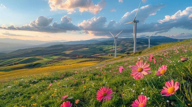 Énergie verte et économies écologiques dans les parcs éoliens sur le terrain et en mer