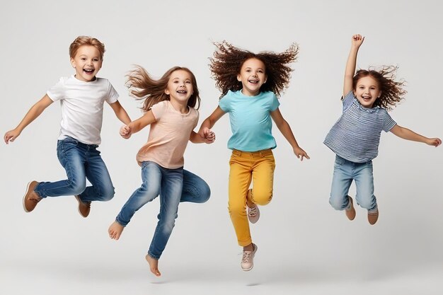 Photo l'enfance est un concept d'amusement et de mouvement. des enfants heureux sautent sur un fond blanc.