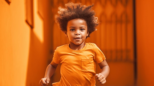 Une enfance joyeuse souriante en orange ai générative