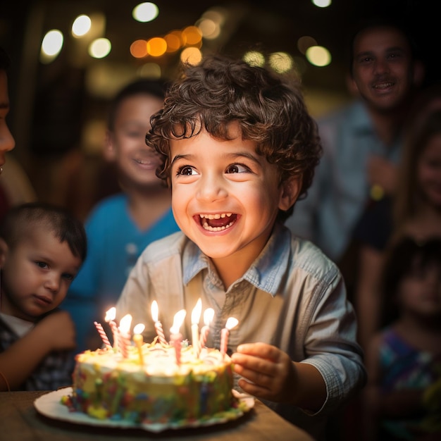 Un enfant de 3 ans impatient du Brésil lors d'un moment d'anniversaire joyeux, entouré de joie familiale