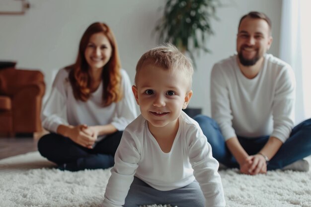 Un enfant de 7 ans avec sa mère et son père. L'enfant est debout et les parents sont assis.