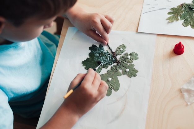 Photo enfant de 8 ans assis à son bureau et faisant un herbier sur une feuille d'album activités d'automne pour enfants