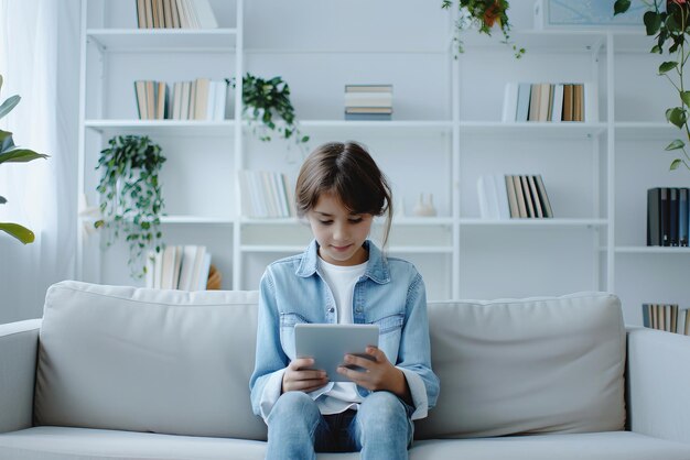 Un enfant absorbi dans la lecture de la tablette confortablement dans un environnement domestique avec une toile de fond d'étagères