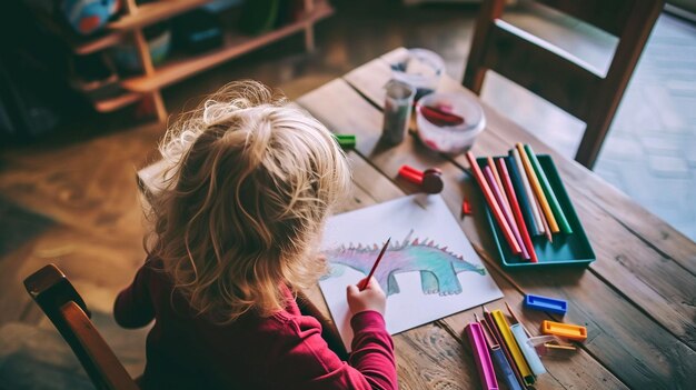 Un enfant adorable d'âge élémentaire dessinant avec des crayons.