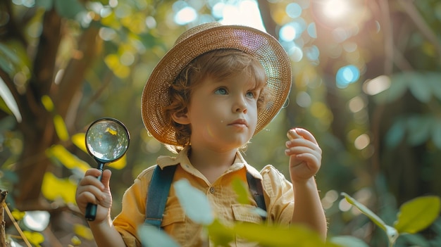 Photo un enfant adorable avec une loupe explorant la forêt curieux et joyeux ai génératif