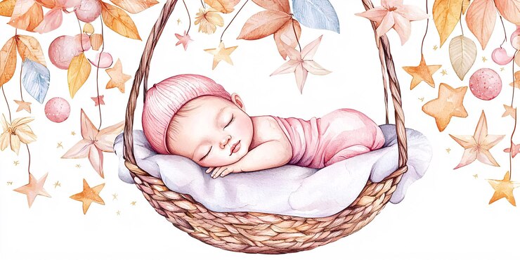 Photo enfant adorable reposant dans un panier tissé art à l'aquarelle peint à la main adapté à des célébrations comme les douches de bébé avec un fond de blanc isolé avec des fleurs étoiles et des sphères décoratives