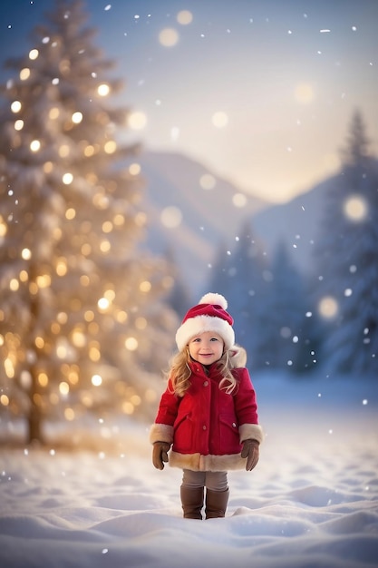 Enfant adorable en tenue d'hiver assis joyeusement la veille de Noël Generative par AI