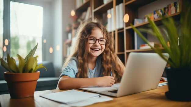 Un enfant et un adulte heureux sont assis à leur bureau, une fille fait ses devoirs ou fait des études en ligne.