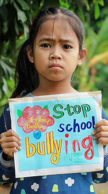 Un enfant affiche solennellement un signe fait à la main Arrêtez l'intimidation à l'école ses yeux reflétant le sérieux du message au milieu d'un décor luxuriant Sa position en dit long sur son plaidoyer