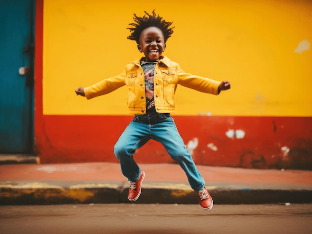 Enfant africain dans une pose dynamique émotionnelle à l'école