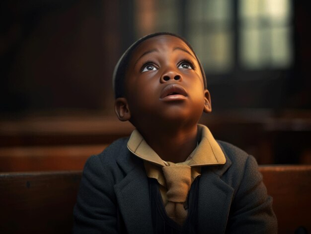 Enfant africain dans une pose dynamique émotionnelle à l'école