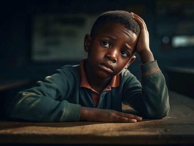 Enfant africain dans une pose dynamique émotionnelle à l'école