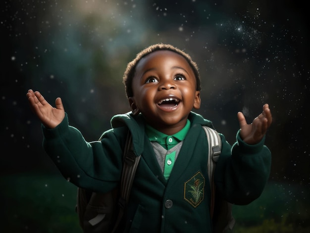 Enfant africain dans une pose dynamique émotionnelle à l'école