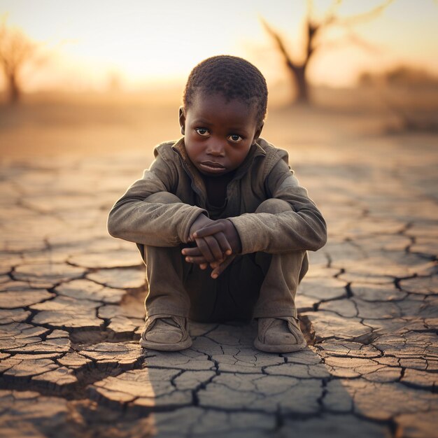 Un enfant africain était assis agenouillé sur un sol sec avec les mains fermées sur son visage.