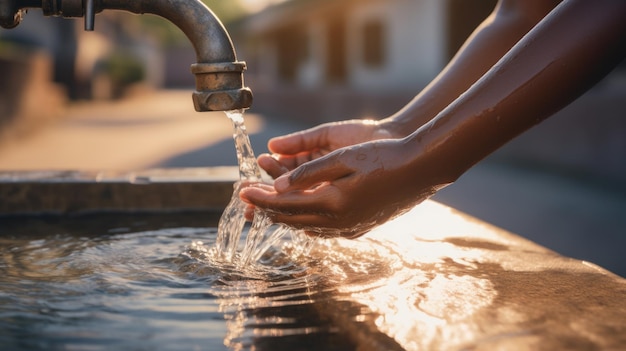 L'enfant africain étend ses mains vers un robinet d'eau propre