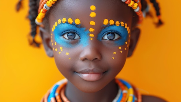 Enfant africain heureux avec du maquillage dans le style de la fleur gros plan extrême IA générative