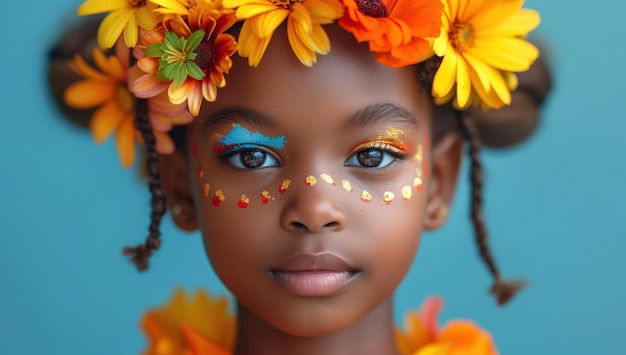 Enfant africain heureux avec du maquillage dans le style de la fleur gros plan extrême IA générative