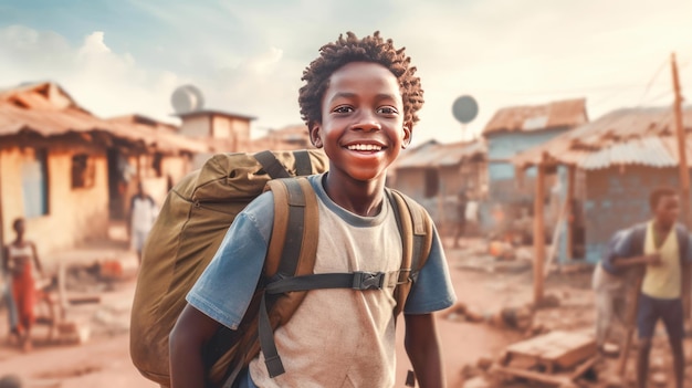 Un enfant africain avec un sac à dos regarde la caméra et marche vers l'école dans une rue poussiéreuse Retour à l'école